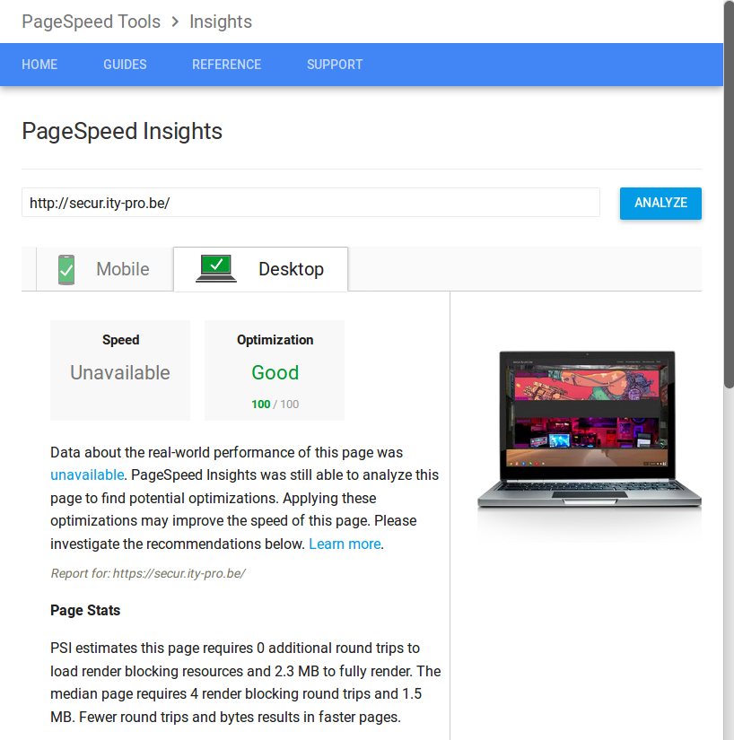 google page speed result on a desktop