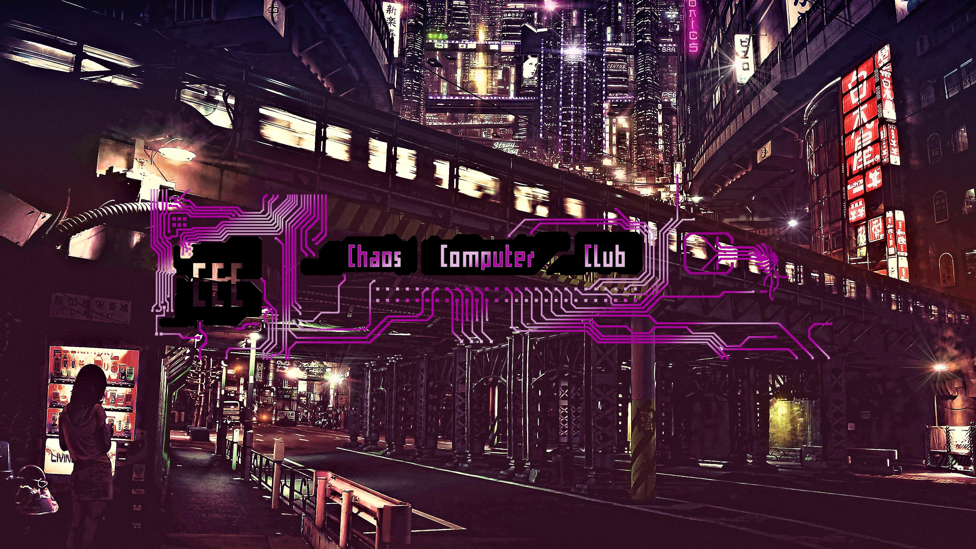 Unknown Sci-fi city tokio background with Chaos Computer Club logo